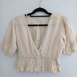 NWT Sim & Sam Puff Sleeve Smocked Waist Linen Blend Blouse